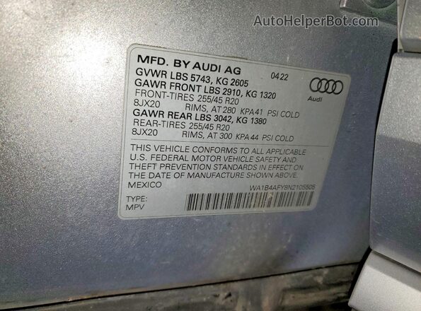WA1B4AFY8N2105505 2022 AUDI SQ5 Серебряный Вид наклейки с VIN-кодом