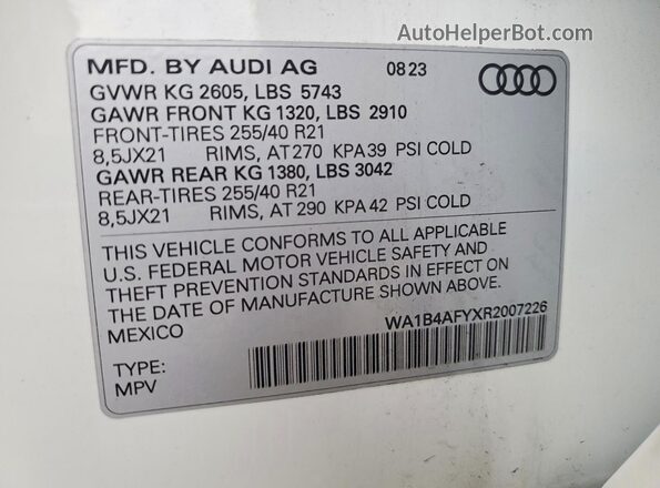 WA1B4AFYXR2007226 2024 AUDI SQ5 White VIN sticker view
