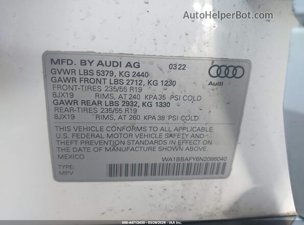 WA1BBAFY6N2086040 2022 AUDI Q5 Белый Вид подкапотного пространства