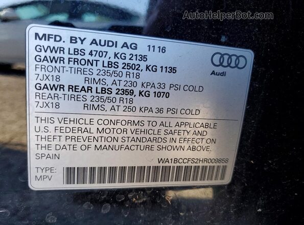 WA1BCCFS2HR009858 2017 AUDI Q3 Черный Вид наклейки с VIN-кодом
