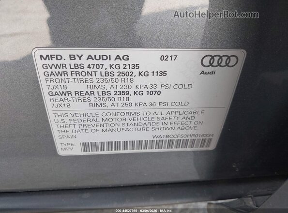WA1BCCFS3HR016334 2017 AUDI Q3 Gray Widok komory silnika