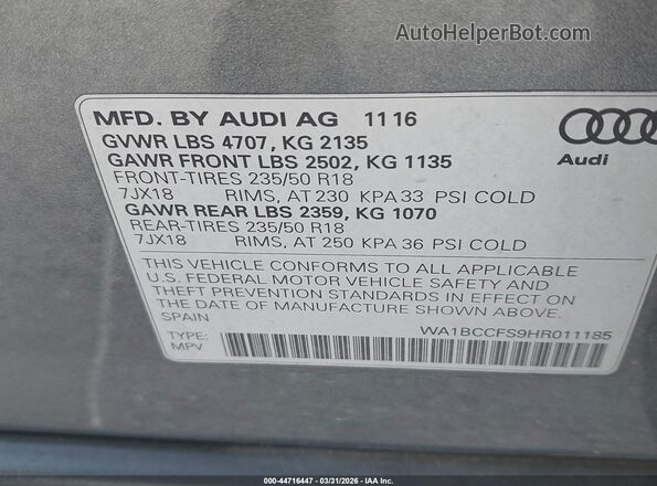 WA1BCCFS9HR011185 2017 AUDI Q3 Gray Widok komory silnika