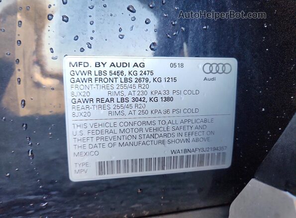 WA1BNAFY3J2194357 2018 AUDI Q5 Черный Вид наклейки с VIN-кодом