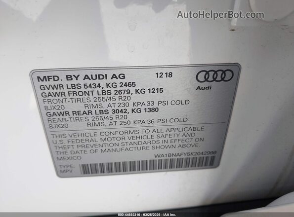 WA1BNAFY5K2042999 2019 AUDI Q5 Белый Вид подкапотного пространства