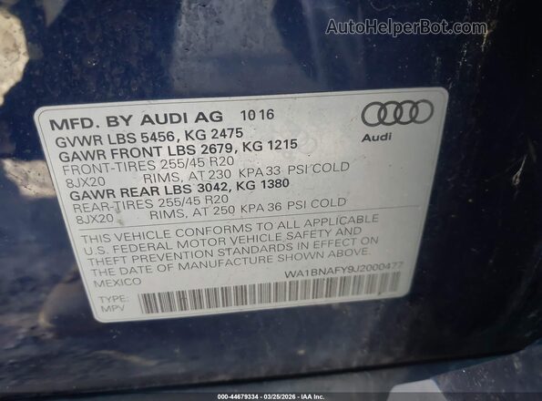 WA1BNAFY9J2000477 2018 AUDI Q5 Синий Вид подкапотного пространства