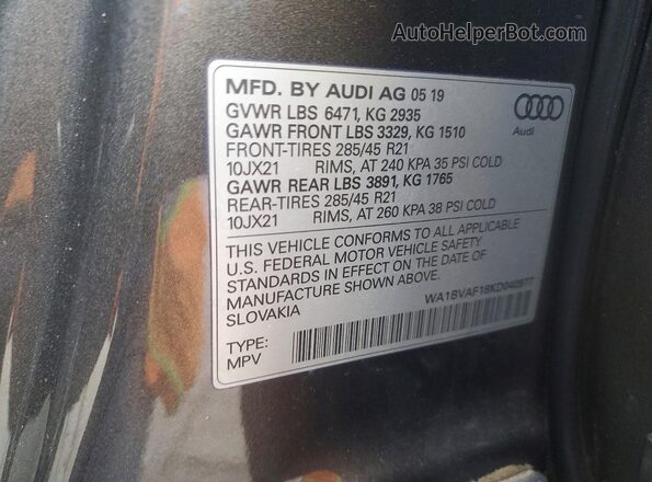WA1BVAF18KD040977 2019 AUDI Q8 Gray Widok naklejki z numerem VIN