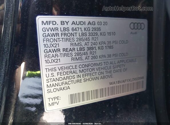 WA1BVAF1XLD022045 2020 AUDI Q8 Black Vista del compartimento del motor