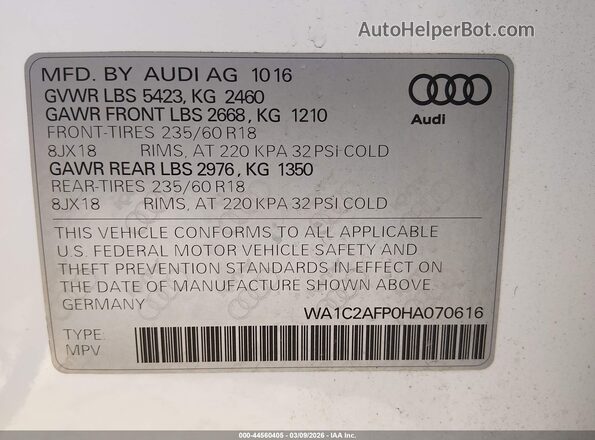 WA1C2AFP0HA070616 2017 AUDI Q5 White Շարժիչի բաժամունքի տեսք