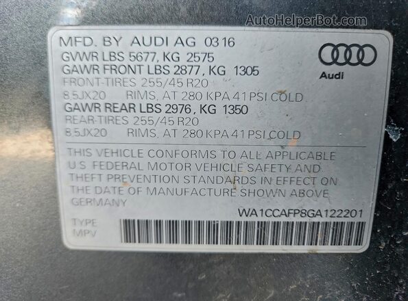 WA1CCAFP8GA122201 2016 AUDI SQ5 Gray Widok naklejki z numerem VIN