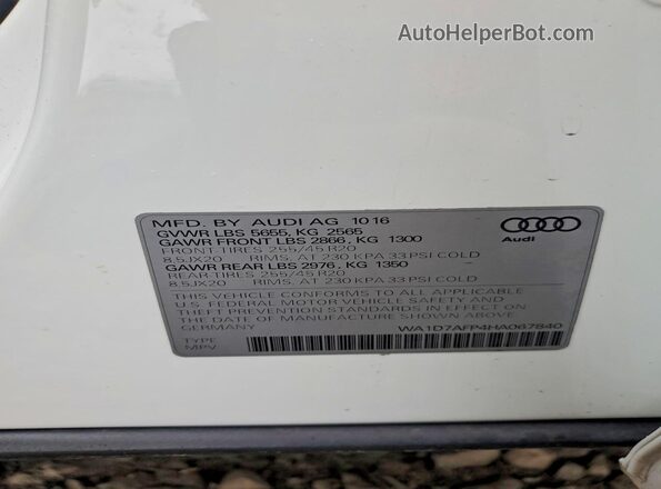 WA1D7AFP4HA067840 2017 AUDI Q5 White Vista de la etiqueta del VIN