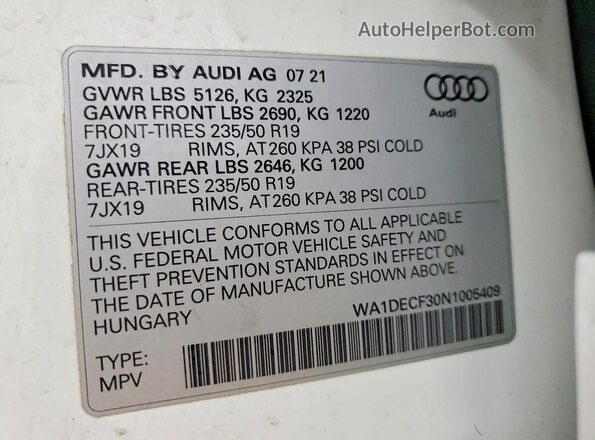 WA1DECF30N1005409 2022 AUDI Q3 White Widok komory silnika