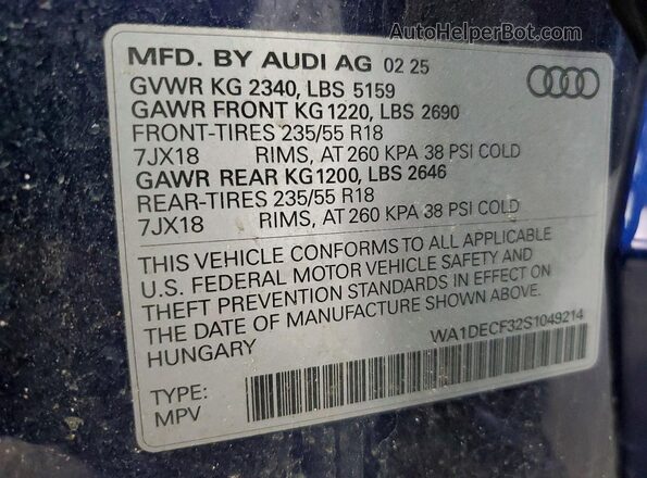 WA1DECF32S1049214 2025 AUDI Q3 Blue Widok wnętrza 360 stopni