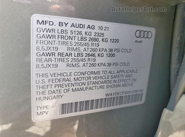 WA1DECF35N1039149 2022 AUDI Q3 Gray VIN sticker view