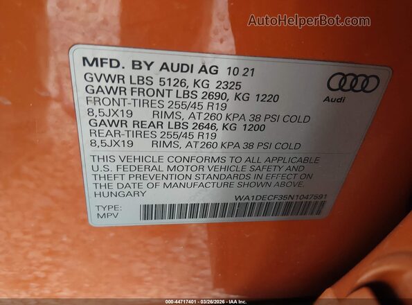 WA1DECF35N1047591 2022 AUDI Q3 Orange Engine compartment view