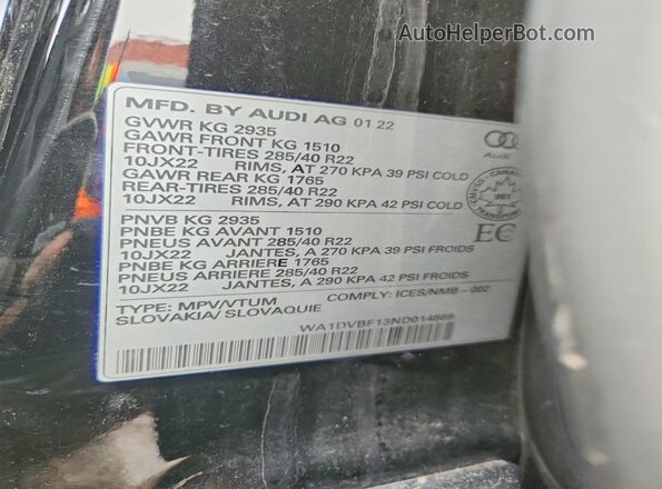WA1DVBF13ND014869 2022 AUDI Q8 Black Widok naklejki z numerem VIN