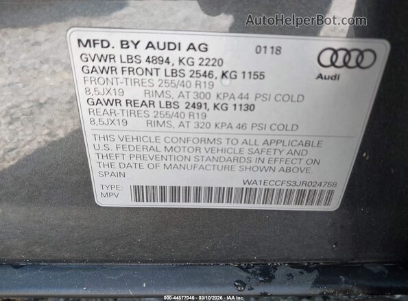 WA1ECCFS3JR024758 2018 AUDI Q3 Gray Вид підкапотного простору
