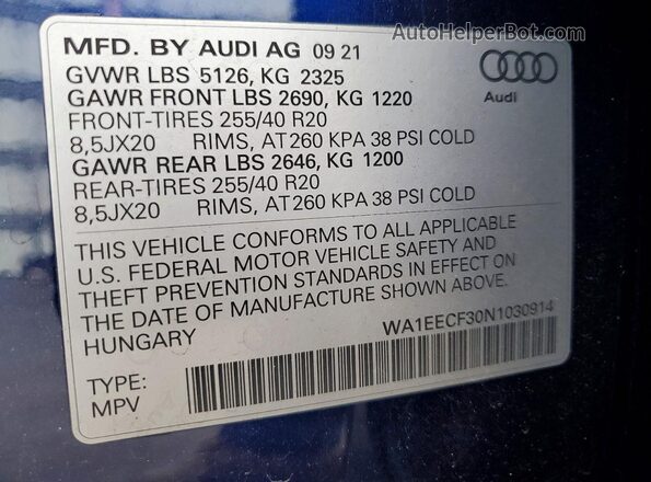 WA1EECF30N1030914 2022 AUDI Q3 Blue Widok naklejki z numerem VIN