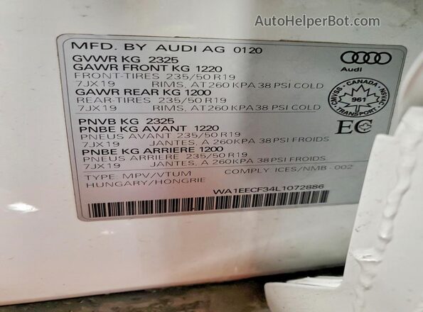 WA1EECF34L1072886 2020 AUDI Q3 Белый Вид наклейки с VIN-кодом