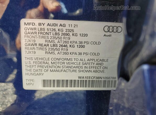 WA1EECF38N1056788 2022 AUDI Q3 Синий Вид подкапотного пространства