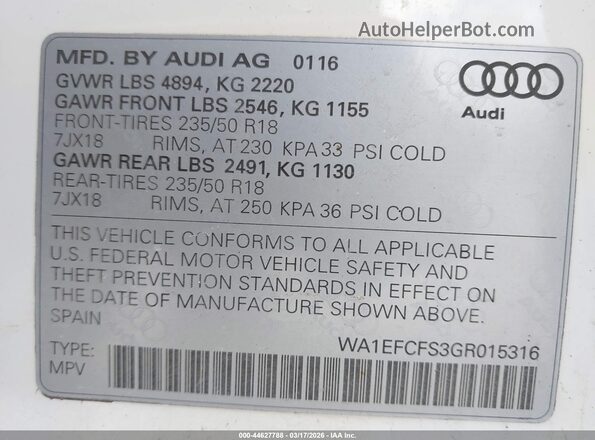 WA1EFCFS3GR015316 2016 AUDI Q3 White ძრავის განყოფილების ხედი