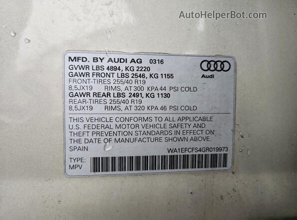 WA1EFCFS4GR019973 2016 AUDI Q3 Серебряный Вид наклейки с VIN-кодом