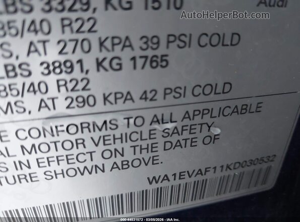 WA1EVAF11KD030532 2019 AUDI Q8 Синий Вид подкапотного пространства