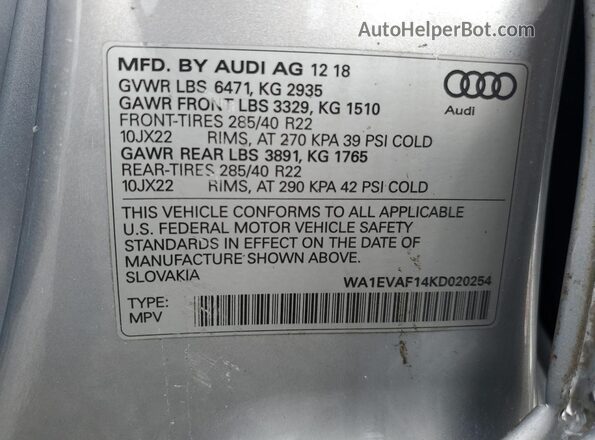 WA1EVAF14KD020254 2019 AUDI Q8 Silver Widok naklejki z numerem VIN
