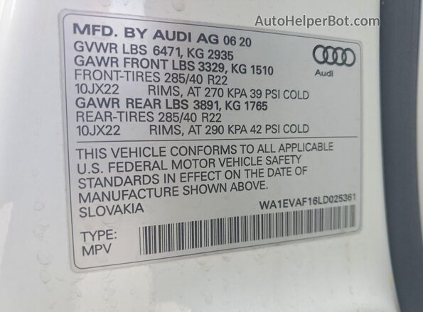 WA1EVAF16LD025361 2020 AUDI Q8 Белый Вид наклейки с VIN-кодом