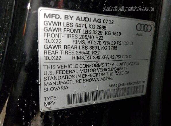 WA1EVBF15ND033170 2022 AUDI Q8 Black Widok naklejki z numerem VIN