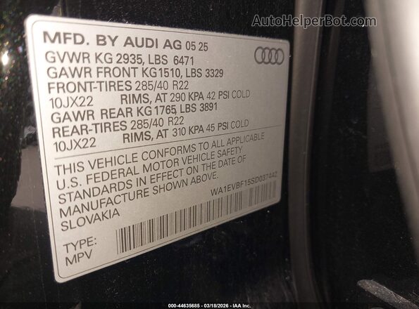 WA1EVBF15SD037442 2025 AUDI Q8 Черный Вид подкапотного пространства