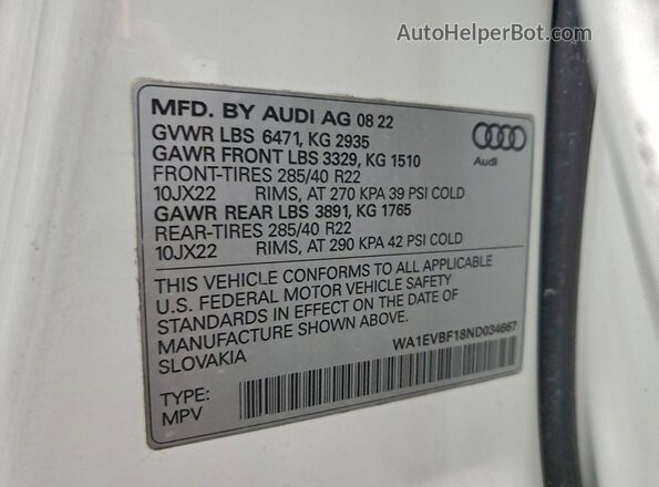 WA1EVBF18ND034667 2022 AUDI Q8 Белый Панорамный вид салона 360°