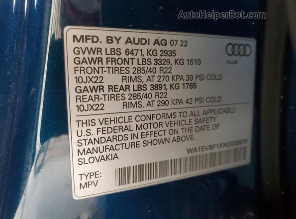 WA1EVBF1XND033679 2022 AUDI Q8 Blue Widok naklejki z numerem VIN