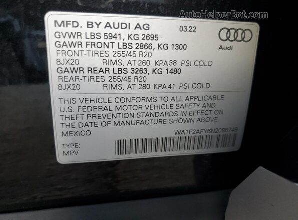 WA1F2AFY6N2086749 2022 AUDI Q5 Черный Панорамный вид салона 360°