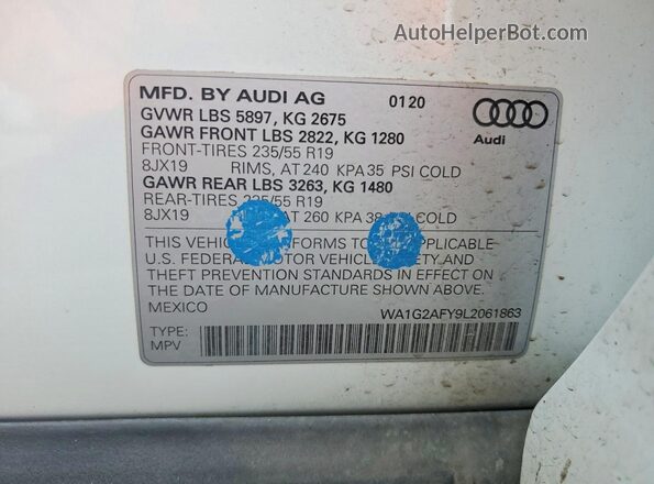 WA1G2AFY9L2061863 2020 AUDI Q5 Белый Вид наклейки с VIN-кодом