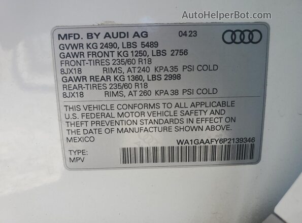WA1GAAFY6P2139346 2023 AUDI Q5 White Vista de la etiqueta del VIN