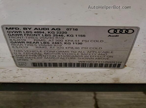 WA1GCCFS1HR004124 2017 AUDI Q3 White VIN კოდის სტიკერის ხედი