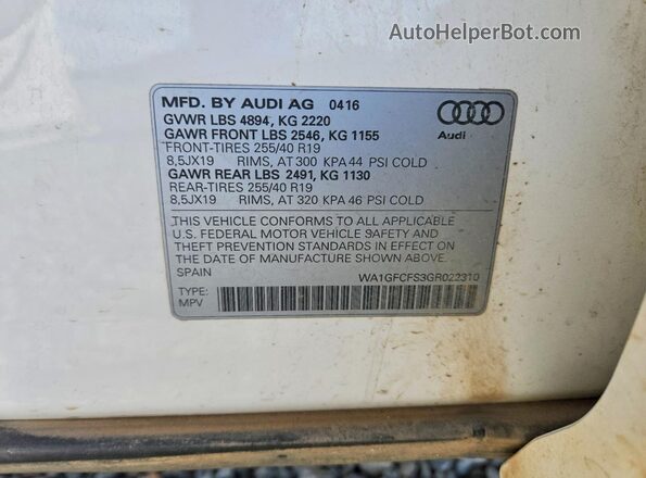 WA1GFCFS3GR022310 2016 AUDI Q3 White VIN კოდის სტიკერის ხედი