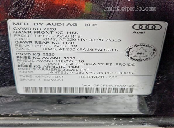 WA1GFCFS6GR009423 2016 AUDI Q3 Black Widok wnętrza 360 stopni