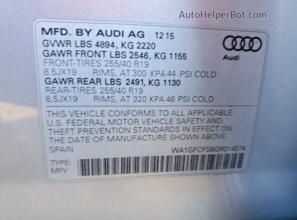 WA1GFCFS8GR014574 2016 AUDI Q3 Silver Widok naklejki z numerem VIN