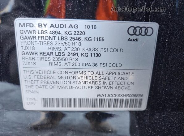 WA1JCCFSXHR008856 2017 AUDI Q3 Черный Вид наклейки с VIN-кодом