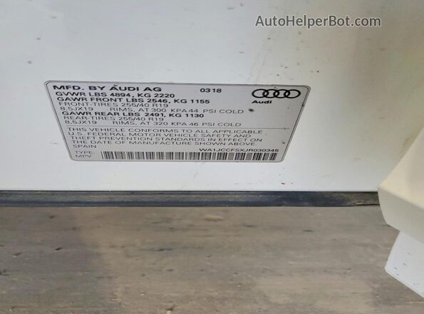 WA1JCCFSXJR030345 2018 AUDI Q3 White Vista de la etiqueta del VIN
