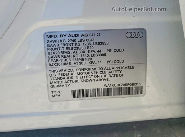 WA1KUBFZ0RP065315 2024 AUDI Q4 Белый Вид наклейки с VIN-кодом