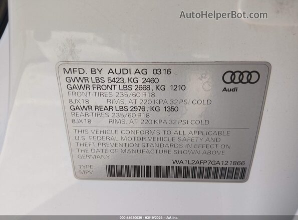 WA1L2AFP7GA121866 2016 AUDI Q5 White Вид підкапотного простору