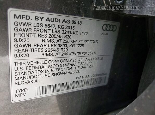 WA1LAAF70KD010943 2019 AUDI Q7 Gray Widok naklejki z numerem VIN