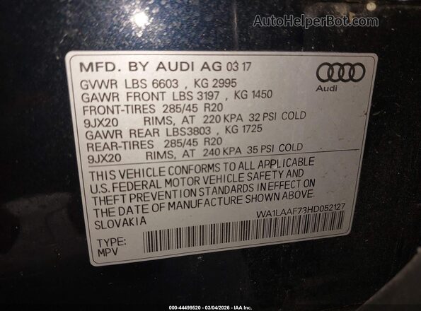 WA1LAAF73HD052127 2017 AUDI Q7 Dark Blue Вид підкапотного простору