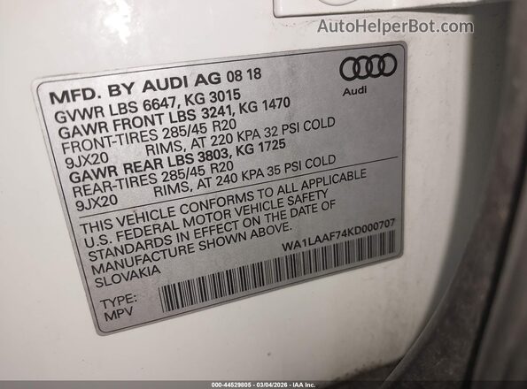 WA1LAAF74KD000707 2019 AUDI Q7 White Vista del compartimento del motor
