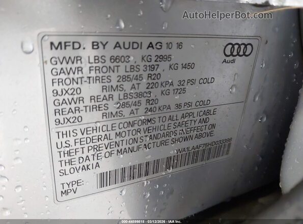 WA1LAAF75HD033398 2017 AUDI Q7 Silver Շարժիչի բաժամունքի տեսք
