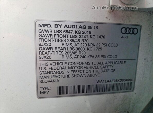 WA1LAAF76KD004984 2019 AUDI Q7 Белый Вид подкапотного пространства