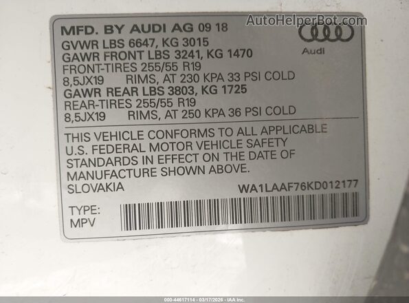 WA1LAAF76KD012177 2019 AUDI Q7 Белый Вид подкапотного пространства