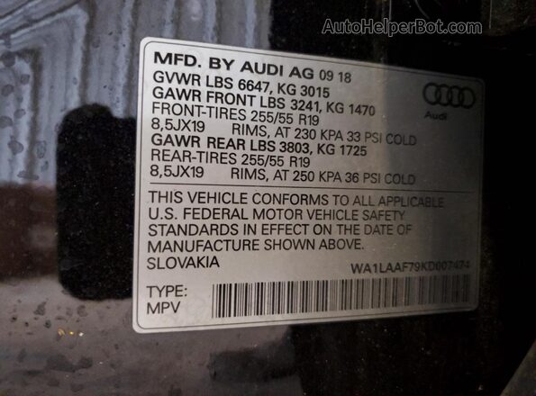 WA1LAAF79KD007474 2019 AUDI Q7 Black 360 interior view